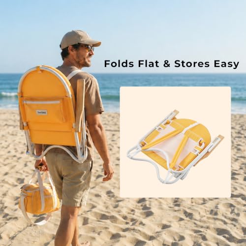 Image of 4-Position Padded Beach Chair Set of 2, Low Backpack Beach Chair | Wooden Armrests & Foldable Design, Side Pocket & Zippered Rear Pouch, Harbour Mimosa