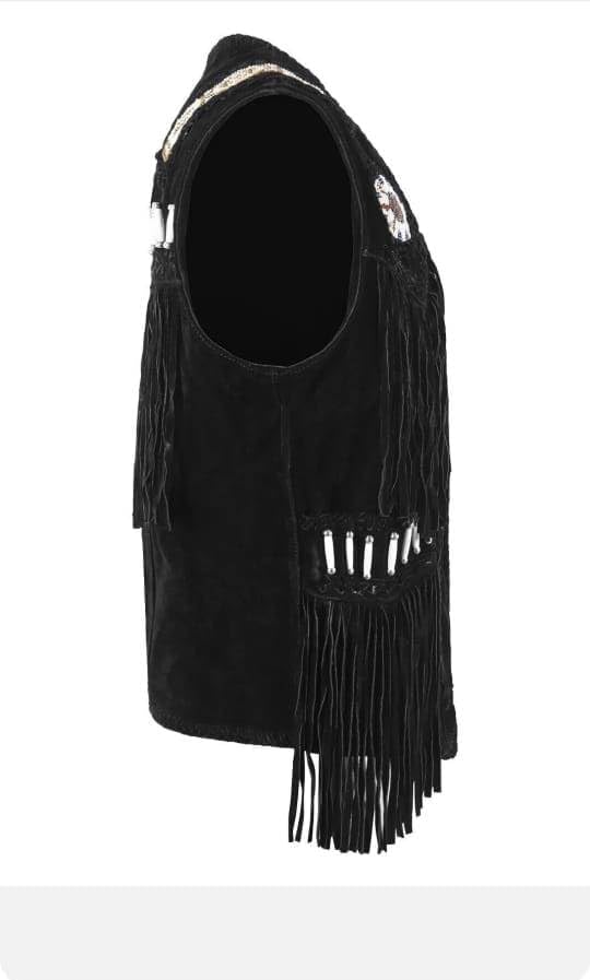 Image of Western Style Cow Suede Leather Vest for Men with Native American-Inspired Design, Fringes, Beads & Braid