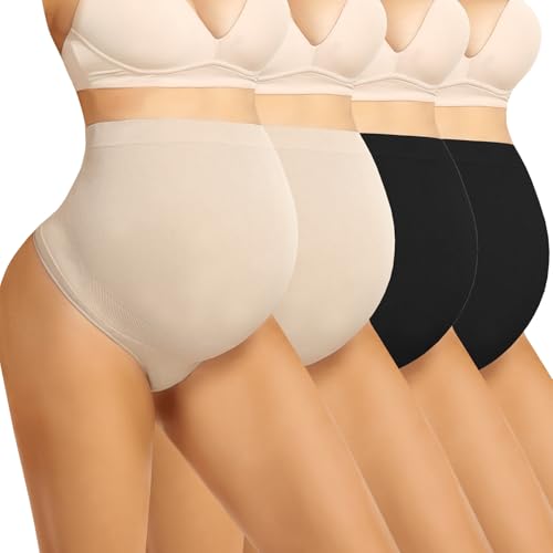 Boguish Ropa interior de maternidad, tanga sobre el vientre, faja moldeadora para embarazo, sin costuras, para mujer, Negro/Piel, S