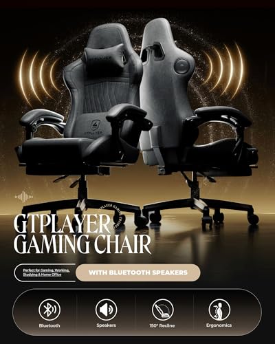 Image of GTPLAYER Gaming Chair with Speakers, Video Game Chairs with Footrest, PC Gamer Chairs for Adults - Padded High Back Ergonomic Reclining Silla Gamer, Linkage Armrest, Ace Pro, Grey