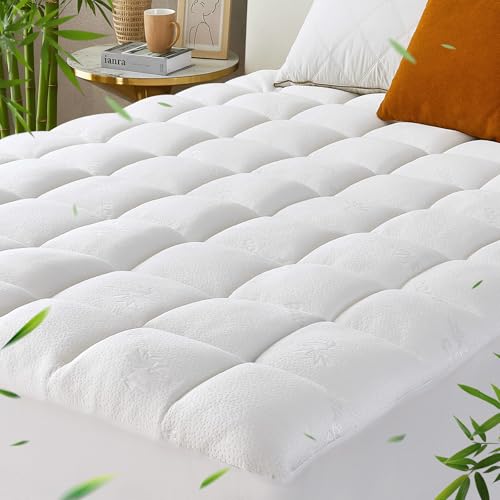 Lakora Bamboo Viscose Single Mattress Topper 1000GSM for Back Pain Relief, Thick Pillowtop Mattress Pad with 45CM Deep Pocket, White Bamboo Print
