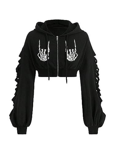 WDIRARA Women's Skeleton Skull Graphic Print Hoodie Drop Shoulder Drawstring Sweatshirt Zipper Up Long Sleeve Crop Top