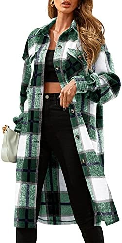 Womens Plaid Button Down Wool Blend Coat Casual Shirt Jacket Lapel Long Peacoat Oversized Shacket Jackets Outwear