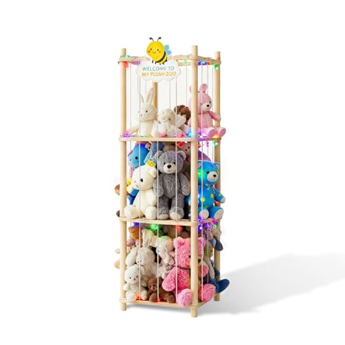 Hsenowi Stuffed Animal Storage Zoo Organizer Wooden Toy Holder with Elastic Bands & Mesh Net Space Saving Vertical Design for Playroom Nursery Kids Bedroom
