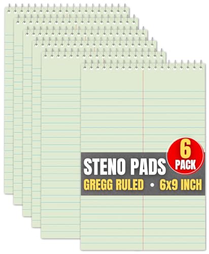 1InTheOffice Steno Pads 6x9, Steno Pads, Spiral Steno Pads, Gregg Rule, Green Tint, 6 x 9, 80 Sheets, 6/Pack