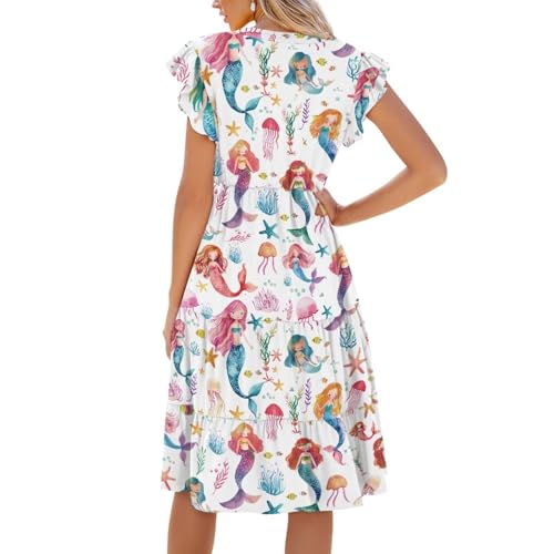 Image of Womens Summer Dress Ruffle Sleeve V Neck Dress Casual Fit Flowy Beach Vacation Sundress with Pocket S-2XL