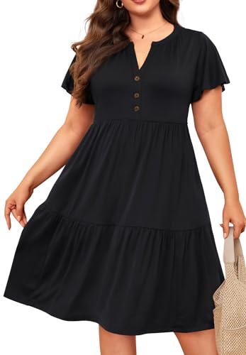 Image of Plus Size Summer Dress Casual Short Sleeve Button Midi Sun Dresses Women