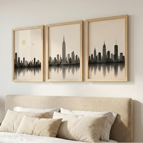 Image of Set of 3 Modern City Skyline Wall Art Paintings for Living Room | Minimalist Urban Cityscape Wall Decor | Neutral Beige Framed Wall Paintings for Bedroom, Office, Hall & Home Decoration (13x19 Inches)