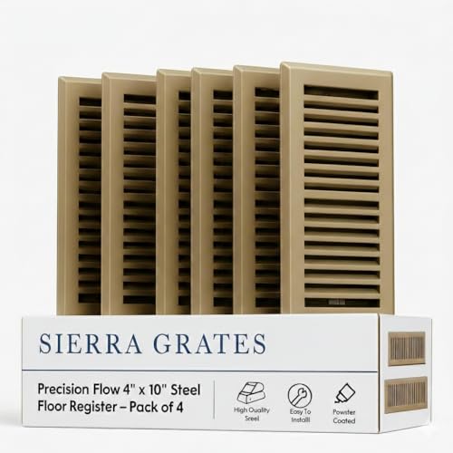 Image of 4 inch x 10 inch Brown Floor Register 2 Way - Stamped Face Steel Vent Cover, HVAC Floor Grille for AC Heat, Fits 4x10 Duct Opening, Heavy Duty Metal Register, 4 Pack