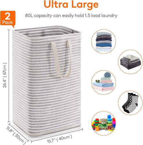 Image of Lifewit 2 Pack Laundry Basket 80L Each, Collapsible Clothes Hamper with Reinforced Handles, Freestanding Waterproof Design for Bedroom and Laundry Room, Grey 160L Total