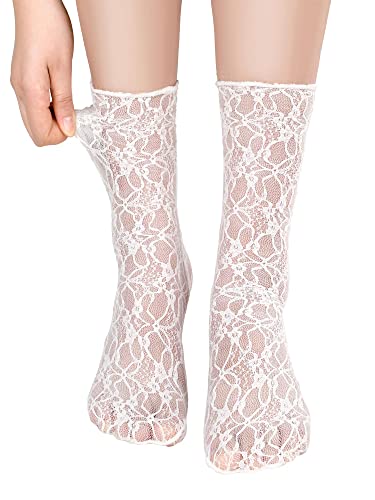 Geyoga 4 Pairs Women's Lace Socks Ruffle Frilly Ankle Socks Mesh Lace Loose Socks Slouch Socks Ankle High Socks For Women (Black, White, Gray, Apricot) #TOP1