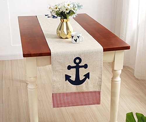 Decopow Embroidered Anchor Linen Table Runner,14 Inches X 72 Inches (Red Stripe) #TOP1