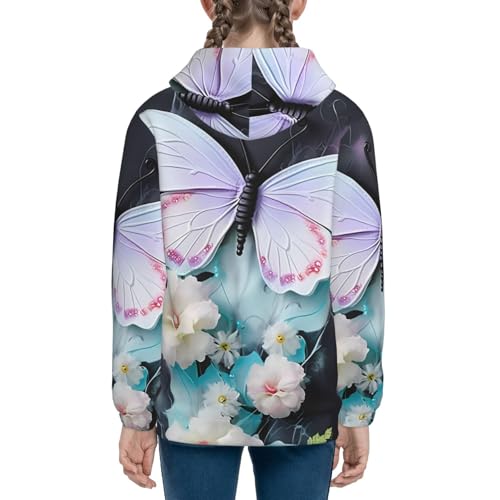 White Butterfly Print Girls Athletic Zip Up Hoodies,Sweatshirts with Pockets Long Sleeve Hooded Jackets, for 7-18 Y4