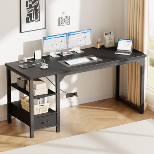 Image of Mericonia 63 inch Computer Desk with Drawer, 1.2 inch Thick Reversible Office Desk | Modern Writing Table with Power Outlets & Storage Shelves, Heavy Duty Industrial Executive Desk for Home Bedroom Study Work
