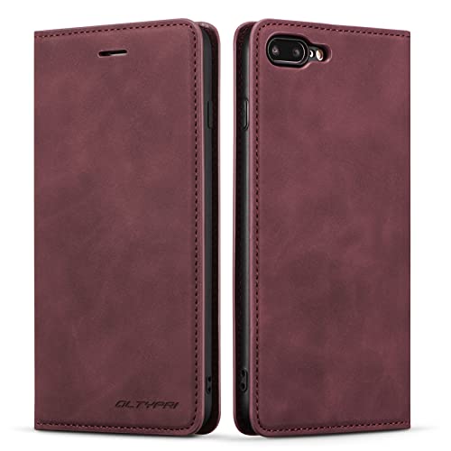 Étui iPhone 7 Plus et 8 Plus cuir mince rouge avec porte-carte housse à rabat protection anti-choc