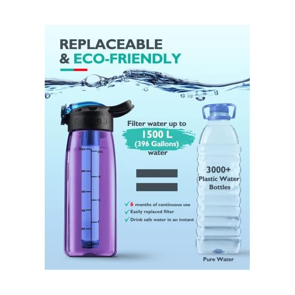 MS Filtered Water Bottle, 0.1Micron 4Stage Water Filter Bottle with 4 Extra Filter Elements