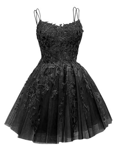 GARDOM Gothic Black Spaghetti Straps Tulle Homecoming Dresses 2025 Short Lace Appliques Prom Dresses for Teens Pockets