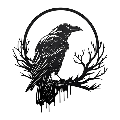 Metal Raven Wall Art Decor with Gothic Moon Crow Decor