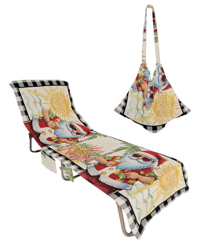 Summer Christmas Beach Chair Towel Covers for Chaise Lounge with Side Pocket, Soft Plush Pool Towels Cover for Patio Sunbathing Outdoor 29''x85'' Santa Beach Starfish Plaid Black