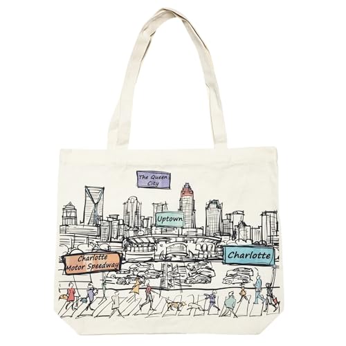 Beary Blu Cities Around the World Artwork Tote Bag Series- Designed in the USA, 17"x14", Double Sided Print, Souvenir & Gift (Charlotte)