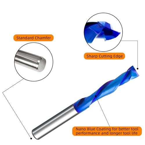 Image of 2PCS Solid Carbide Spiral Up-Down Cut Router Bit 1 /4 inch Shank, 1 /4 inch Cutting Diameter 2-1 /2 inch OAL Compression End Mill with Nano Blue Coated CNC Woodworking Bit
