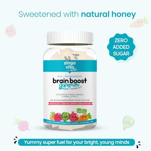 Image of Zingavita DHA Brain Gummies with Honey for Kids (2+ years), Power of KSM-66 Ashwagandha Extracts for Enhanced Brain Health,100% Veg, No Added Sugar, Pack of 2 | 30 Gummies (Strawberry?Lemon)