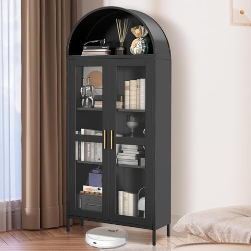 73 in Arched Metal Storage Cabinet with Glass Door,2 Adjustable Shelves,Rustic Display Unit for Kitchen Pantry, Living & Dining Rooms,Dark Black​​