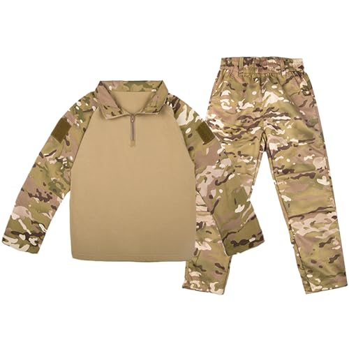 QIYUANT Enfant Ensembles T-Shirt & Pantalon Tactique Camo Airsoft Militaire Camouflage Printemps Été Automne Manche Longue Combat Chasse Randonnée Camping...