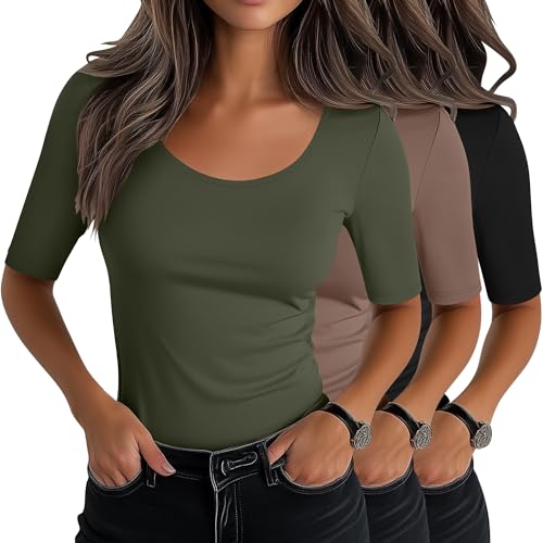 Neer 3 Pack Women's Scoop Neck Stretchy Tops Cotton Half Sleeve Slim Fitted T-Shirts Tight Casual Basic Summer Tees