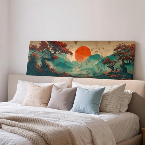 Tableau vintage de style japonais paysage montagne soleil rouge 55x110cm