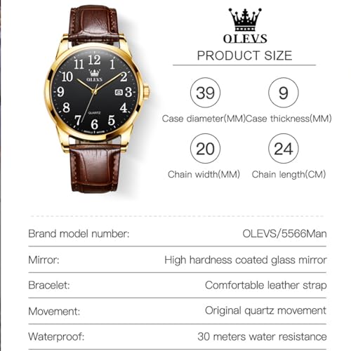 OLEVS Brown Watch for Men, Mens Watches with Leather Band Big Face Waterproof Dress Classic Casual Watch Men, Day Date Easy to Read Analog Luxury Male Wristwatch with Arabic Number Relojes para Hombre — view 5