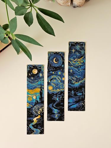Image of Set of 3 Premium Bookmarks | Great Wave Hokusai Art Inspired, Anime Inspired & Koi Fish | Elegant Frame with Tassel | Perfect Gift for Readers & Collectors | Eco-Friendly Bioplastic (Starry Nights)