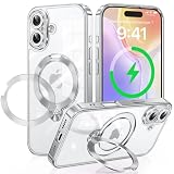Gunwon iPhone 16 用 ケース MagSafe対応 光沢CD紋様リング 360°定点回転スタンド 縦横両対応 マグセーフ対応 メッキバンパー キラキラ 背面クリア 精密開口レンズ保護 いphone16 用 スマホケース 米軍規格 耐衝撃 黄変防止 マグネット付け 超強磁力 ワイヤレス充電 ストラップホール付き あいふおん16 用 携帯ケース・シルバー