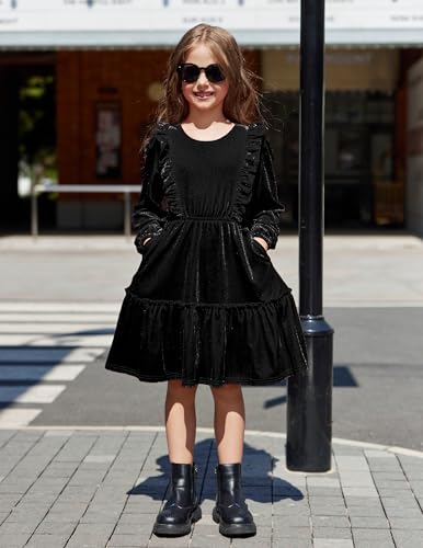 Arshiner Girls Dress Long Sleeve A Line Ruffled Smocked Casual Dress with Pockets 13-14 Years Black4