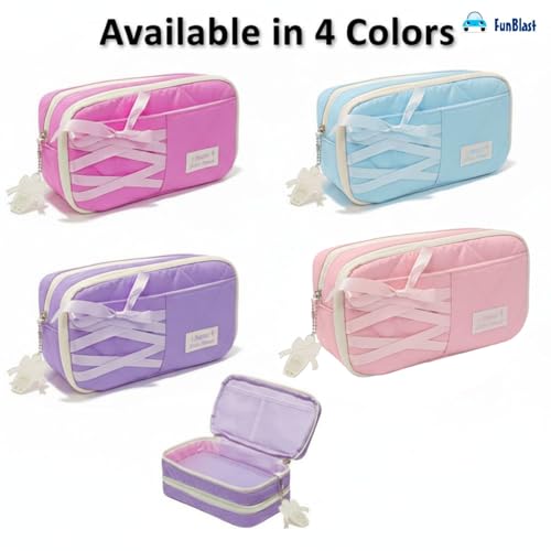 Image of FunBlast Pencil Pouch for Girls - Aesthetic Multi-Compartment Zipper Pouch with Drawstring Pocket, Cute Kawaii Pencil Case, Stylish Stationery Pouch, Return Gift for Kids & School Use (PurpleB)