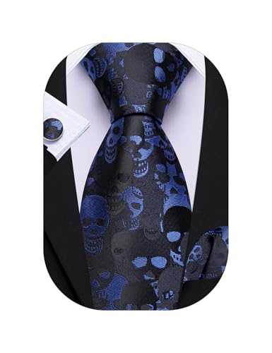 Image of Barry.Wang Man Tie Sets Skull Ties Animal Extra Long Necktie Silk Woven Handkerchief Cufflinks Festival Party Gift
