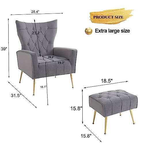 Sillón con otomana terciopelo gris miniatura 3