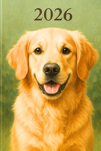  Agenda settimanale 2026 verticale A5 con cane Golden Retriever: 12 mesi, sabato domenica interi, intervalli 30 minuti, doppia pagina, italiano, tema cani.