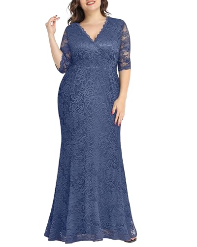 Image of Pinup Fashion Plus Size Formal Evening Dress Wedding Guest Bridal Gowns | Floral lace, wrap v-neck, 3 /4 sleeves, empire waist, mermaid floor length, side zipper