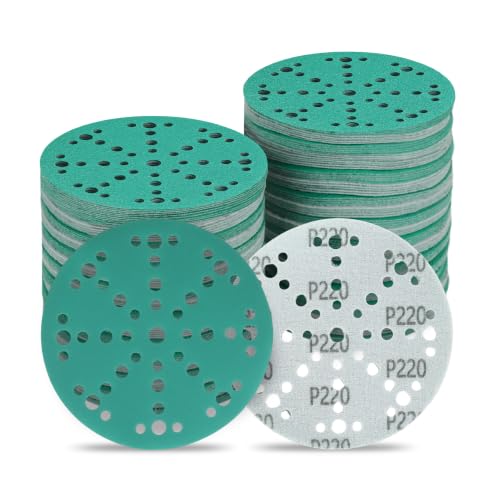 Image of 6 Inch 49 Hole Wet Dry P220 Grit Sanding Discs - 50 Pack Box | Fits Festool ETS / RO 150 Sanders, Zirconia Heavy-Duty Hook & Loop Film Sandpaper for Wood, Auto, Metal, Paint, Body & More
