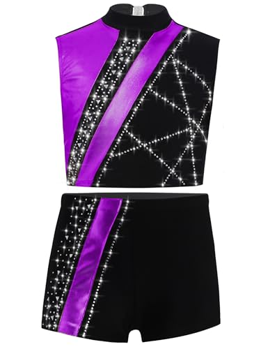 Kids Girls Gymnastics Dance Outfits Shiny Metallic Mockneck Crop Tank Tops with Shorts Set Sports Workout