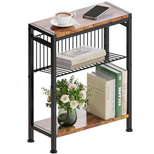 Vantimo Mesa Auxiliar Estrecha 3 Estantes,Mesita de Noche Estrecha con Soporte para Revistas, Mueble Auxiliar para Sofá Centro Pequeña para Sala de Estar Dormitorio Cocina Balcón Oficina Madera