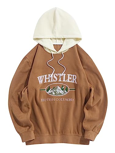 ZAFUL Men’s Pullover Hooded Sweatshirt Letter Mountain Embroidered Plush Fleece Drawstring Hoodie(0-Coffee,Large)