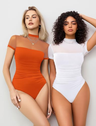 Image of Avidlove Women's Short Sleeve Bodysuit Turtle Neck Body Suits Mesh One Piece Leotard Going Out Tops Date Outfits