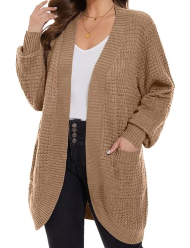 MONNURO Womens Plus Size Open Front Cardigan Waffle Knit Long Sleeve Sweaters Tops Fall Coat Outerwear with Pockets(Dark Khaki,3X)