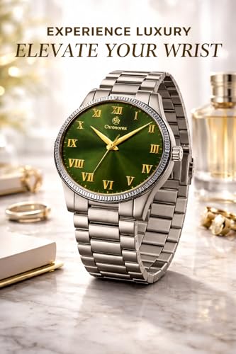 Image of Luxury Green Dial Watch for Men - Silver Stainless Steel Chain, Roman Numerals, Vastu & Astrology Recommended