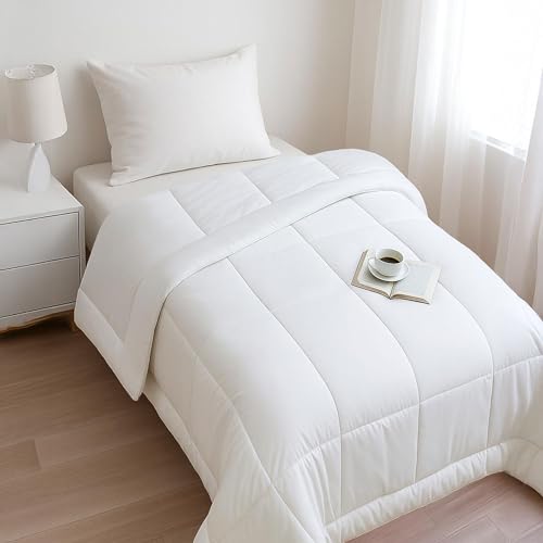 Image of HOME ELEGANCE Comfort Living Microfiber Reversible AC Comforter, 120 GSM, Soft & Cozy, Lightweight Quilt, All Season use, Machine Washable, Single - 60x90 inches - Milky Whte