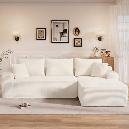 Image of 108 inch L Shaped Cloud Boneless Sectional Couches for Living Room, Modern Comfy Modular Deep Seat Memory Foam Compressed Corduroy Sofa Oversized Right Facing Chaise, No Assembly Required, White