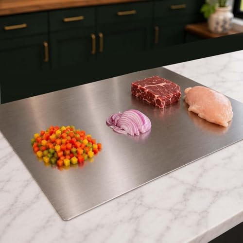 Image of OrganizeMee Stainless Steel Steel Chopping Board for Kitchen Large|Fruits and Vegetables Cutting Rust-Proof Cutting Board Platform Countertop Pad Cutter|Pad Size 40CM X 31CM with 2 Cm Lip