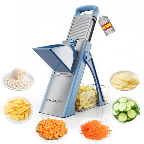Cortador de mandolina seguro para cocina, cortador de papas ajustable,cortador de papas fritas,Lâminas de aço construídas, Utensílio de corte de cozinha para batata (azul grande)